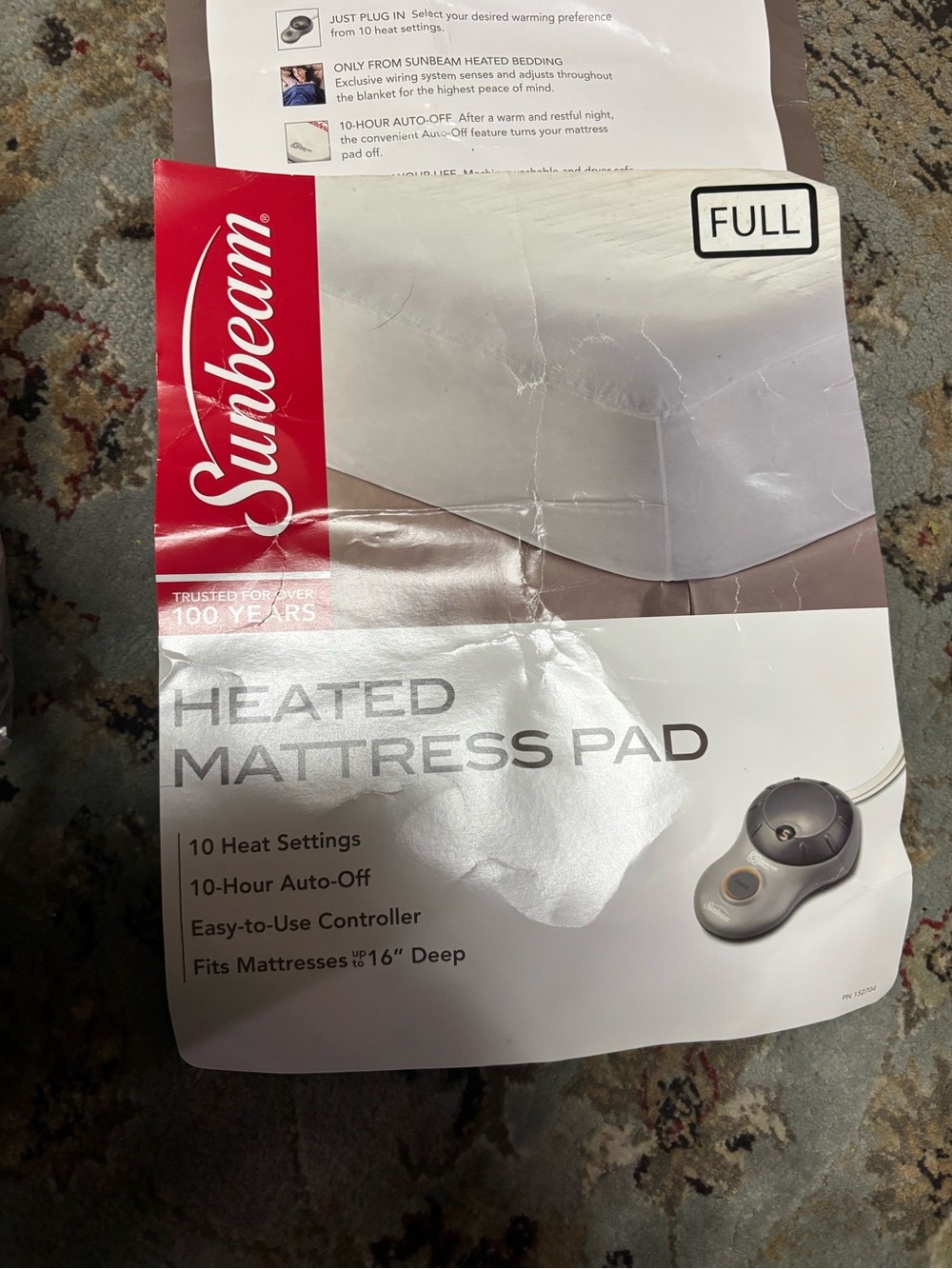 Sunbeam Full Size White Heated Mattress Pad with Gray Controller